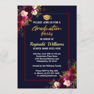 Rustic Burgundy Floral  Graduation Party Invitation