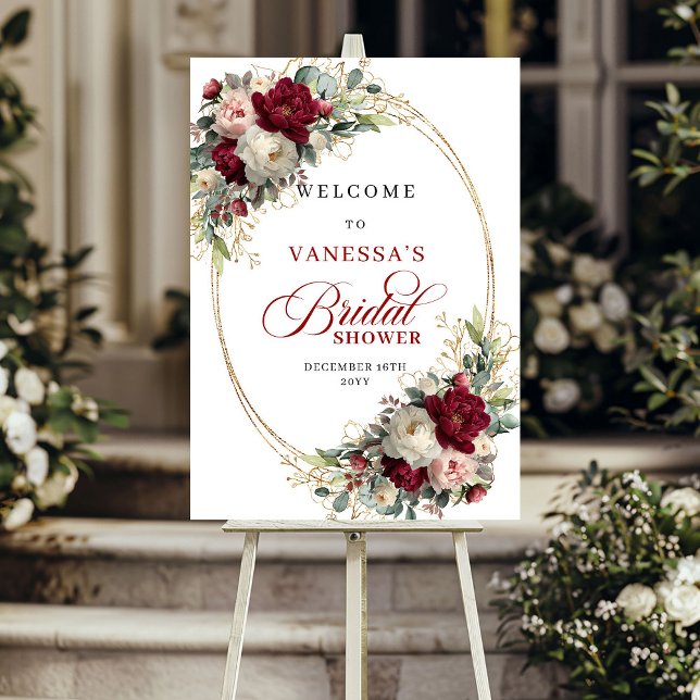 Rustic Burgundy Floral Greenery Bridal Shower Sing Poster (Rustic Burgundy Floral Greenery Bridal Shower Welcome)