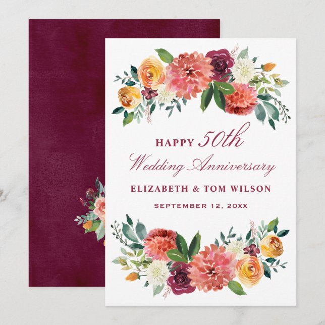 Rustic Burgundy Floral Happy Wedding Anniversary Invitation (Front/Back)