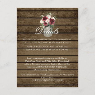 Rustic Burgundy Floral Jar Details Enclosure Card