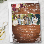 Rustic Burgundy Floral Jar Lights 3 Photo Wedding Invitation<br><div class="desc">Rustic Wood,  Watercolor Burgundy Floral Wedding Lace Invitation with Burgundy Roses,  Pink Roses,  Red Roses and Botanical Greenery. Mason Jar String Lights.</div>