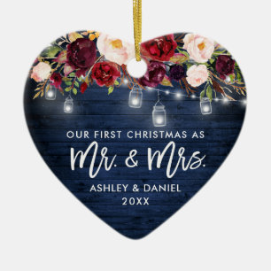 Rustic Burgundy Floral Jar Lights Christmas Blue Ceramic Ornament