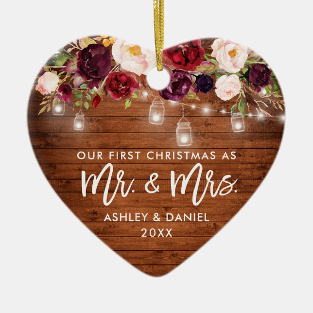 Rustic Burgundy Floral Jar Lights First Christmas Ceramic Ornament (Front)