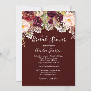 Rustic Burgundy Floral Lace Bridal Shower Invitation