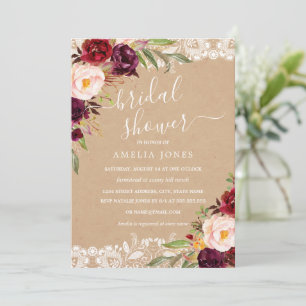 Rustic Burgundy Floral Lace Bridal Shower Invitation