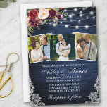 Rustic Burgundy Floral Lace Lights 3 Photo Wedding Invitation<br><div class="desc">Rustic Blue Wood,  Watercolor Burgundy Floral Wedding Lace Invitation with Burgundy Roses,  Pink Roses,  Red Roses and Botanical Greenery. Glowing String Lights.</div>