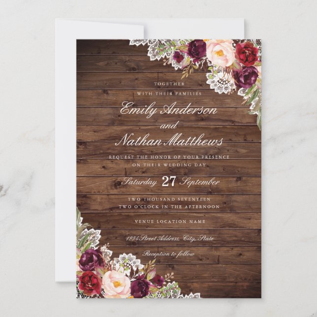 Rustic Burgundy Floral Lace Wedding Invitation (Front)