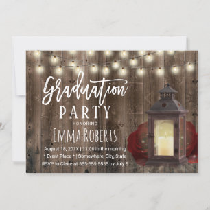 Rustic Burgundy Floral Lantern Wood Graduation Invitation