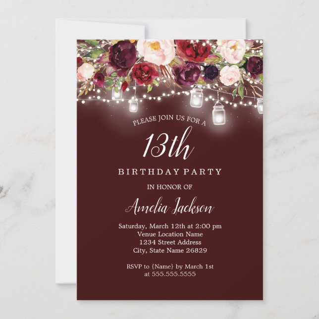 Rustic Burgundy Floral Lights 13th Birthday Invitation (Front)