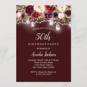 Rustic Burgundy Floral Lights 50th Birthday Invitation