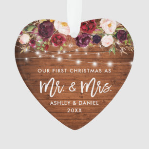 Rustic Burgundy Floral Lights First Christmas Ornament
