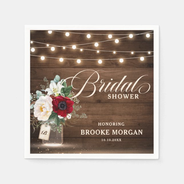 Rustic Burgundy Floral Mason Jar Bridal Shower Napkin (Front)