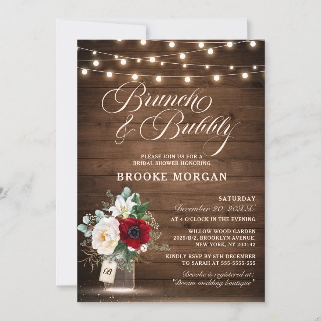 Rustic Burgundy Floral Mason Jar Brunch & Bubbly Invitation (Front)