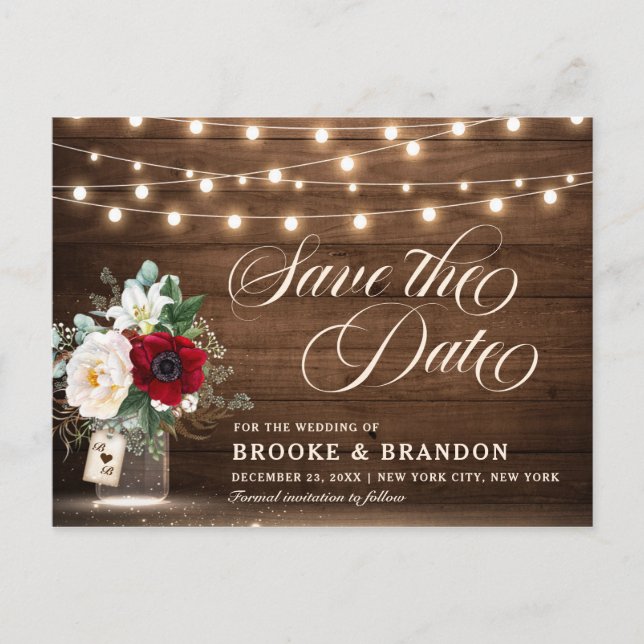 Rustic Burgundy Floral Mason Jar Save the Date Postcard (Front)