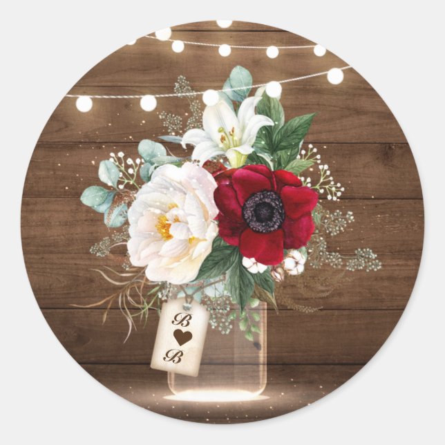 Rustic Burgundy Floral Mason Jar Wedding Envelope Classic Round Sticker (Front)