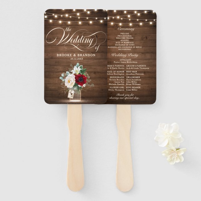 Rustic Burgundy Floral Mason Jar Wedding Program Hand Fan (Front and Back)