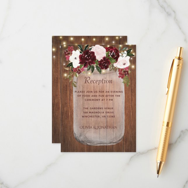 Rustic Burgundy Floral Mason Jar Wedding Reception Enclosure Card (Front/Back In Situ)