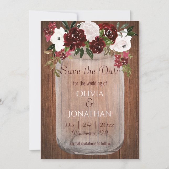 Rustic Burgundy Floral Mason Jar Wedding Save The Date (Front)