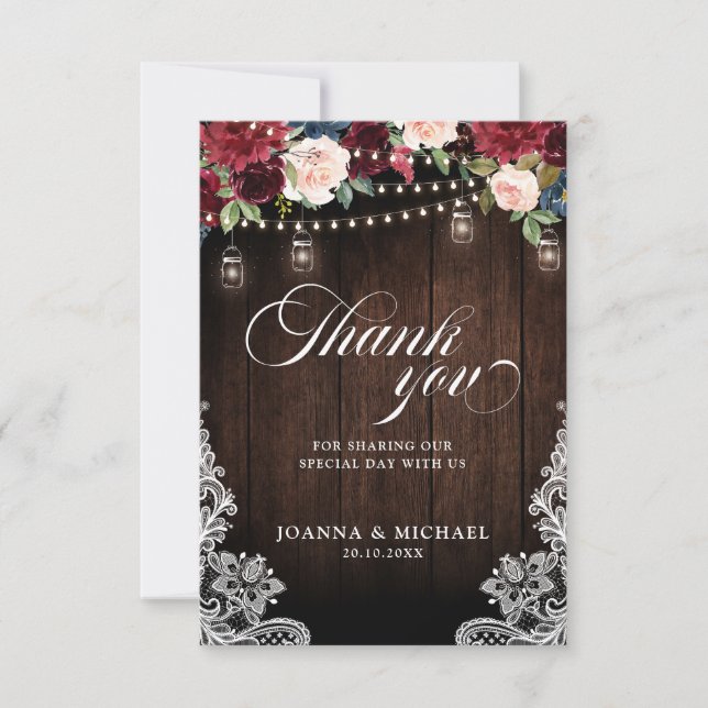 Rustic Burgundy Floral Mason Jar Wedding Thank You (Front)