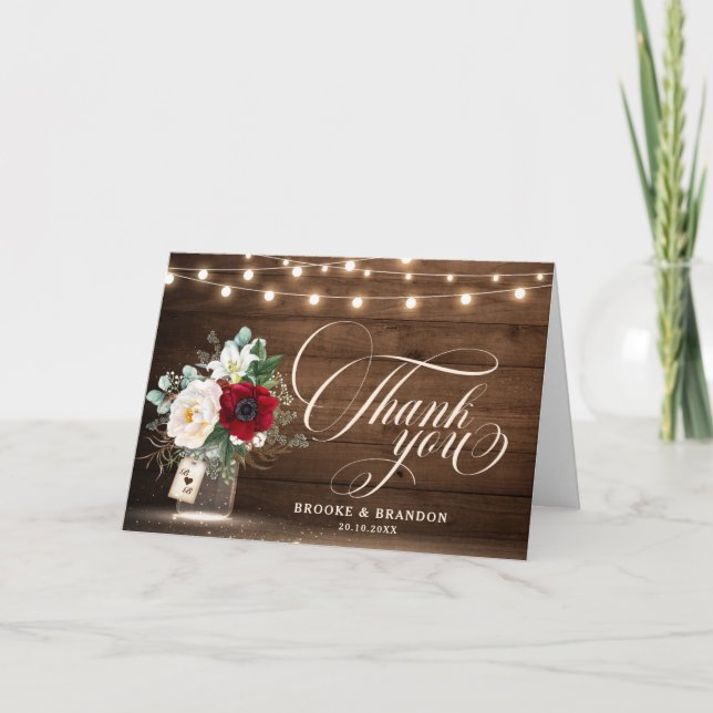Rustic Burgundy Floral Mason Jar Wedding Thank You (Front)