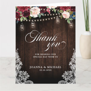 Rustic Burgundy Floral Mason Jar Wedding Thank You Card
