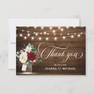 Rustic Burgundy Floral Mason Jar Wedding Thank You Card