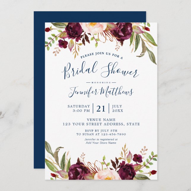 Rustic Burgundy Floral Navy Blue Bridal Shower Invitation (Front/Back)