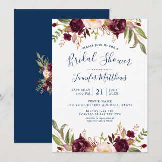 Rustic Burgundy Floral Navy Blue Bridal Shower Invitation