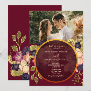 Rustic Burgundy Floral Photo Wedding Invite