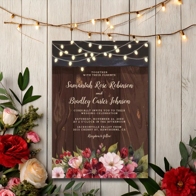 Rustic Burgundy Floral Red Fall Wedding Invitation (Creator Uploaded)