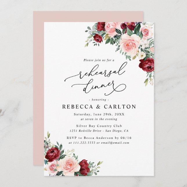 Rustic Burgundy Floral Rehearsal Dinner Invitation (Front/Back)