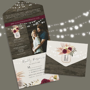 Rustic Burgundy Floral Romantic All In One Invitation