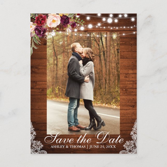 Rustic Burgundy Floral Save the Date Back Text Announcement Postcard (Front)