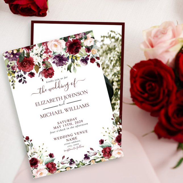 Rustic Burgundy Floral Script Photo Wedding Invitation (Creator Uploaded)