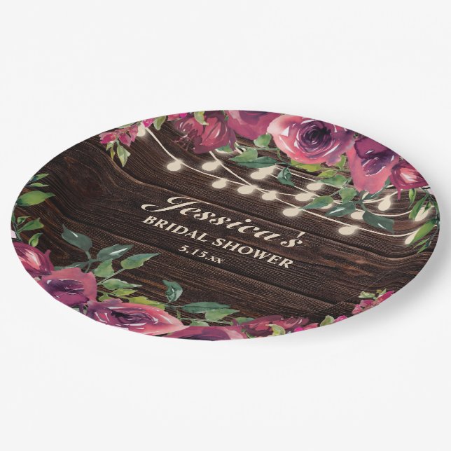 Rustic Burgundy Floral String Lights Bridal Shower Paper Plate (Angled)
