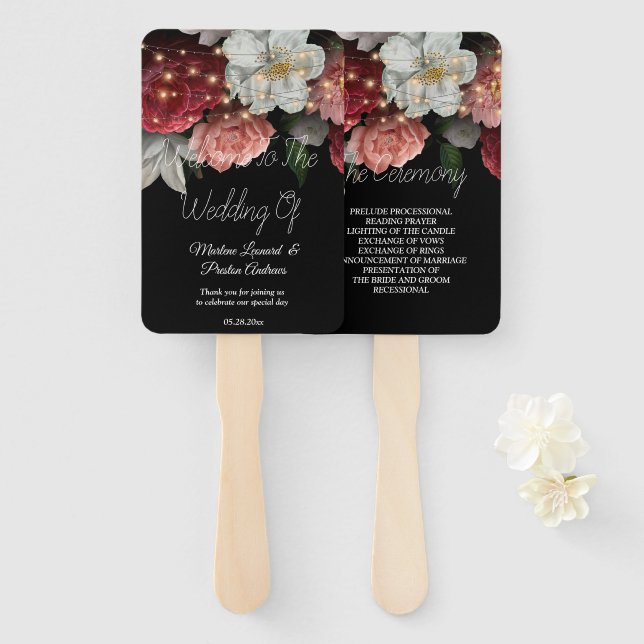 Rustic burgundy Floral  string lights  Wedding  Hand Fan (Front and Back)