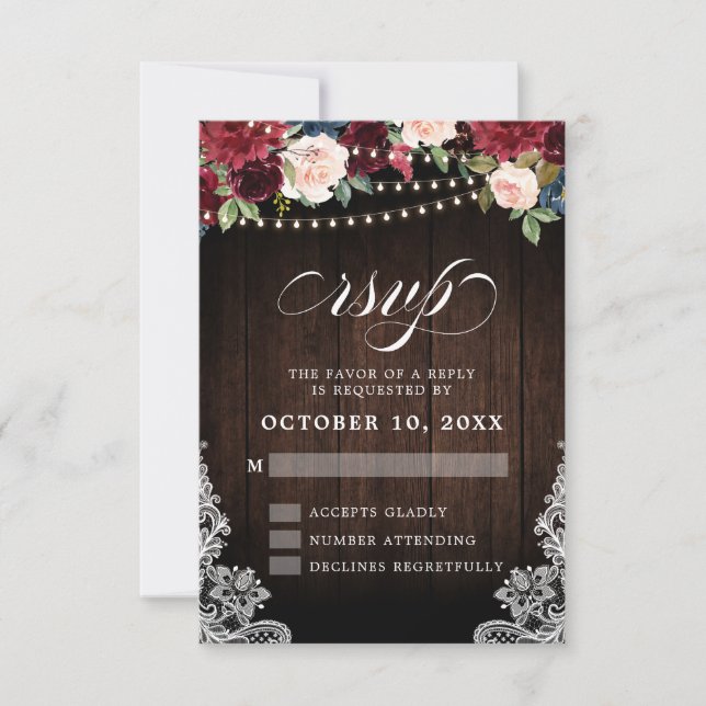 Rustic Burgundy Floral String Lights Wedding RSVP Card (Front)