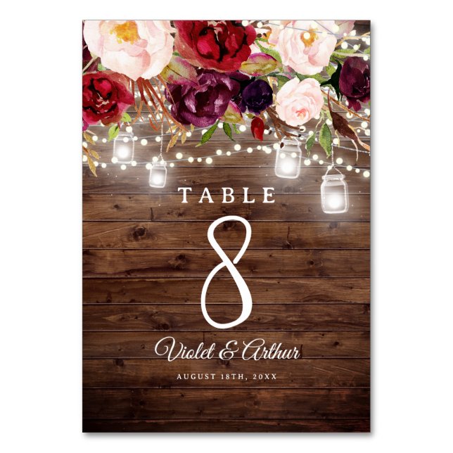 Rustic Burgundy Floral String Lights Wedding Table Number (Back)