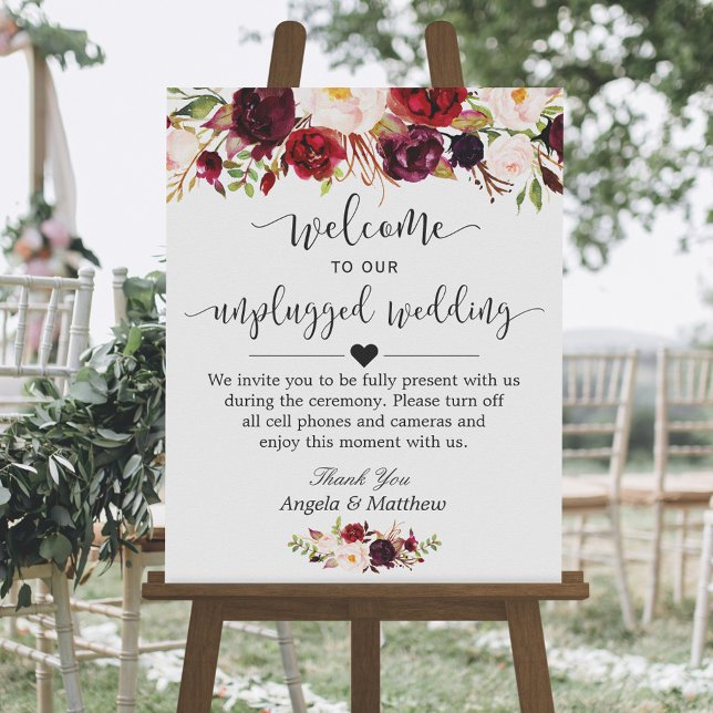 Rustic Burgundy Floral Unplugged Wedding Sign (Creator Uploaded)