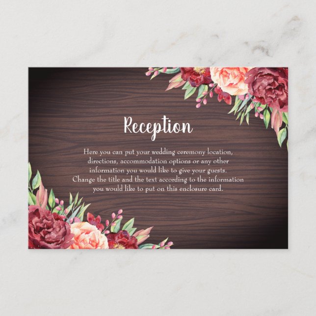 Rustic Burgundy Floral Watercolor Wedding Enclosure Card (Front)