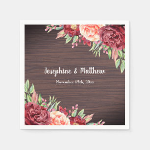 Rustic Burgundy Floral Watercolor Wedding Napkin