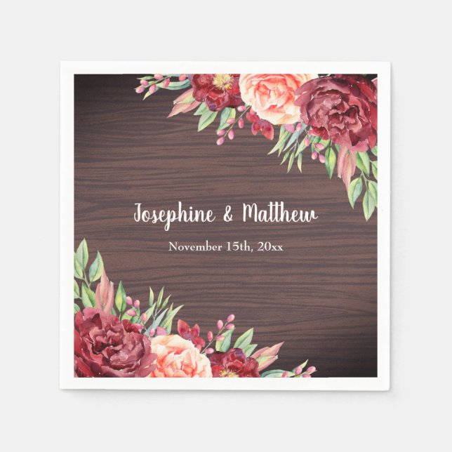 Rustic Burgundy Floral Watercolor Wedding Napkin (Front)