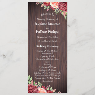 Rustic Burgundy Floral Watercolor Wedding Program