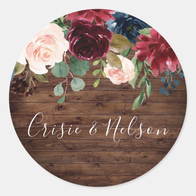 Rustic Burgundy Floral Wedding Engagement Party Classic Round Sticker (Front)