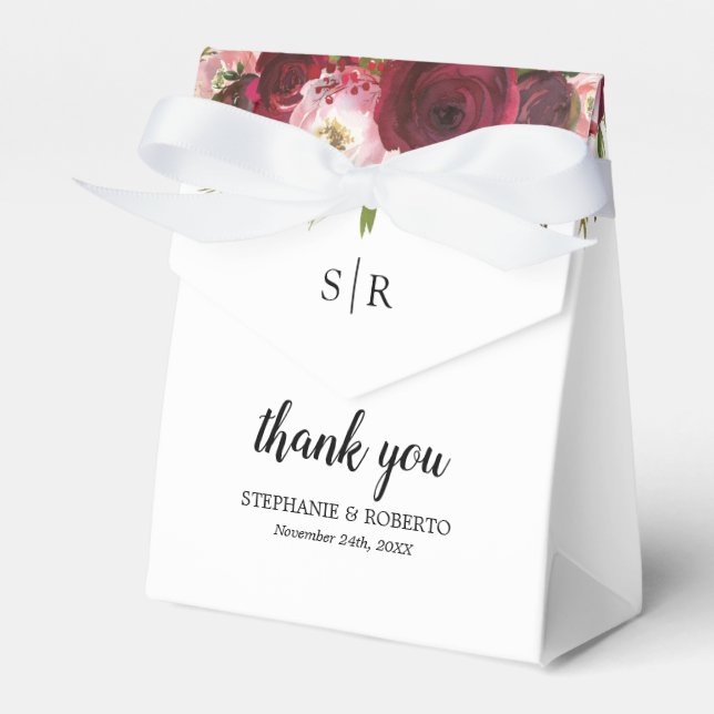 Rustic Burgundy Floral Wedding Favour Box (Front Side)