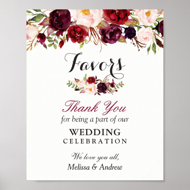 Rustic Burgundy Floral Wedding Favours Thank You Poster (Front)