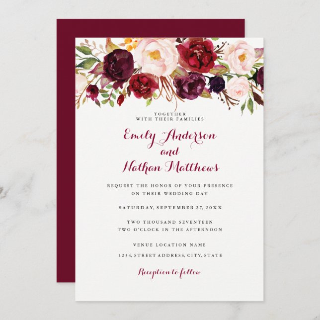 Rustic Burgundy Floral Wedding Invitation (Front/Back)