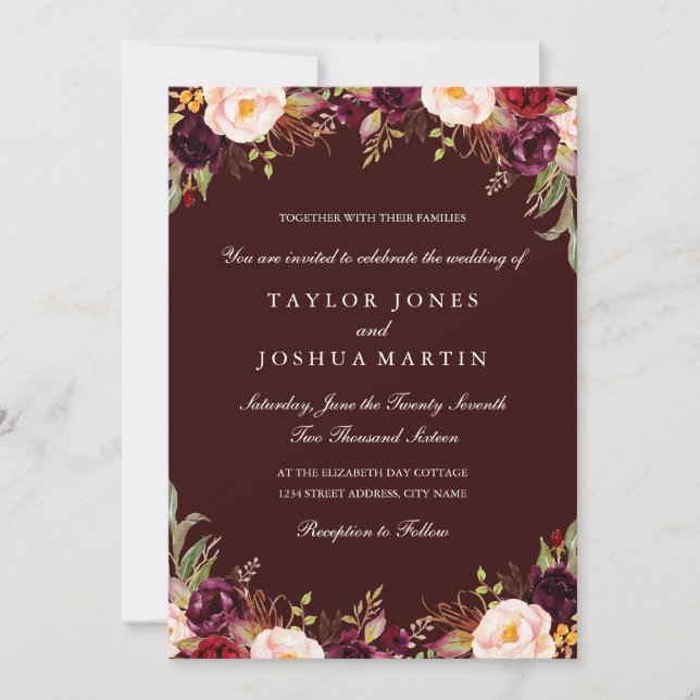 Rustic Burgundy Floral Wedding Invitation (Front)