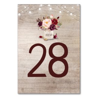 Rustic Burgundy Floral Wedding Table Number Cards
