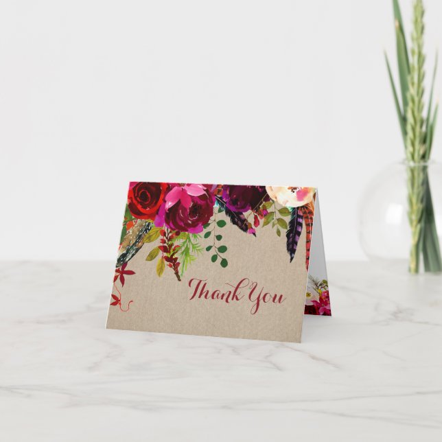 Rustic Burgundy Floral Wedding Thank you note 3979 Card (Front)